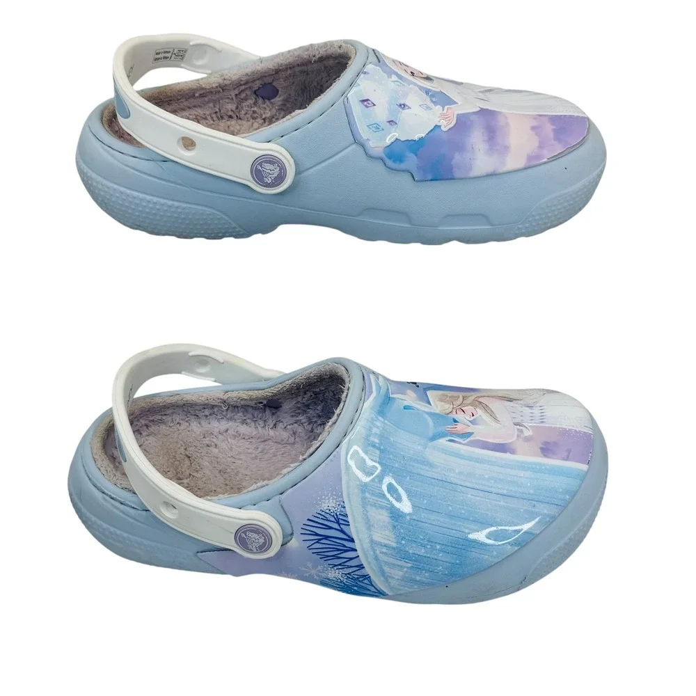 Disney Frozen Crocs J2 Kids Fuzzy Lined Clogs Elsa Blue Slip-On Winter Shoes‎